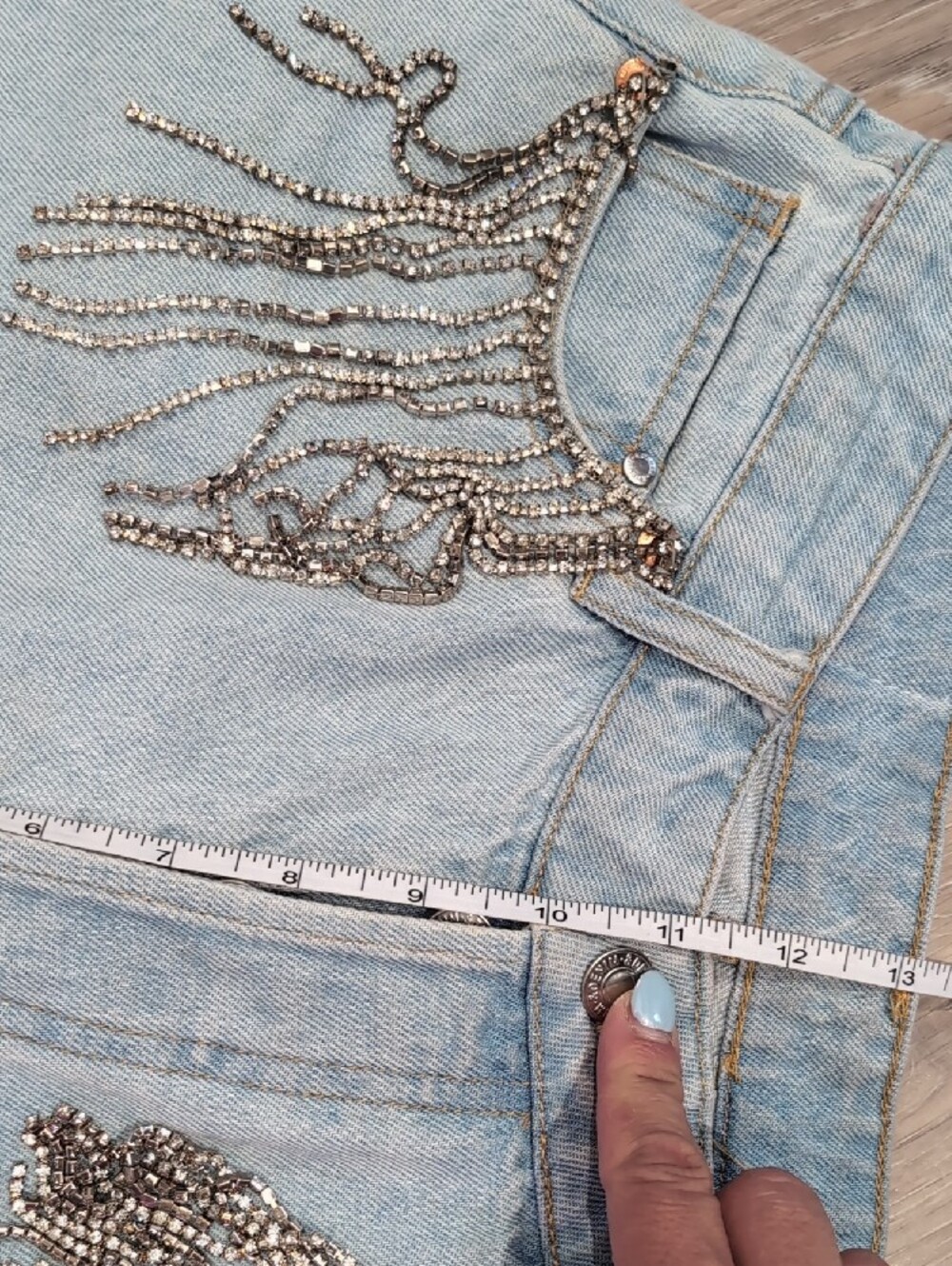 H&M Denim Shorts Blue Fringe Rhinestone High Rise - Picture 12 of 15